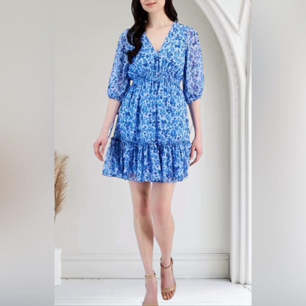 Taylor Women's Floral-Print 3/4-Sleeve Smocked-Waist Dress